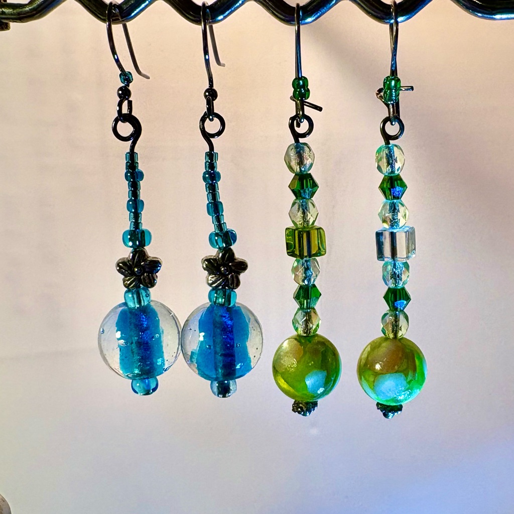 Earrings Pierced Handmade Turquoise Ball Bead 12accents & Green Ball W/9beads